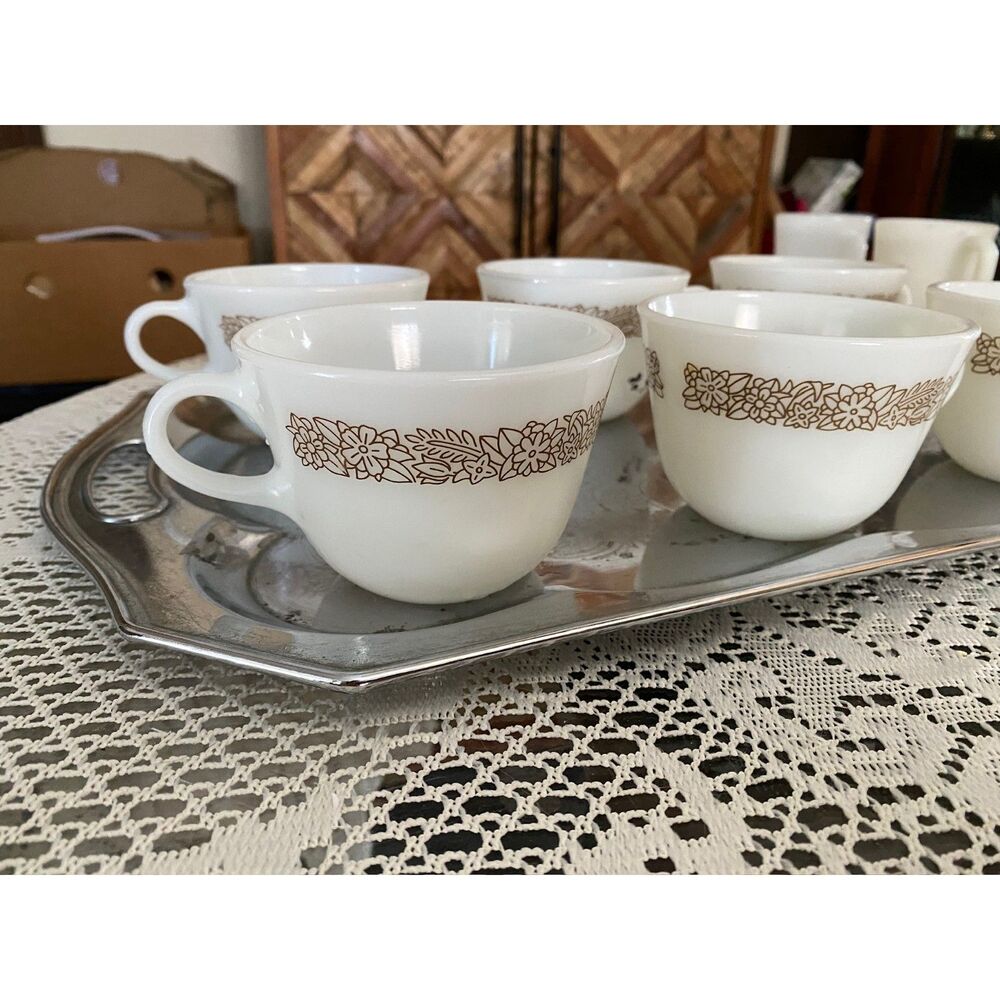 Vintage Pyrex Milk Glass Coffee Cups Brown Floral Band Set of 6
